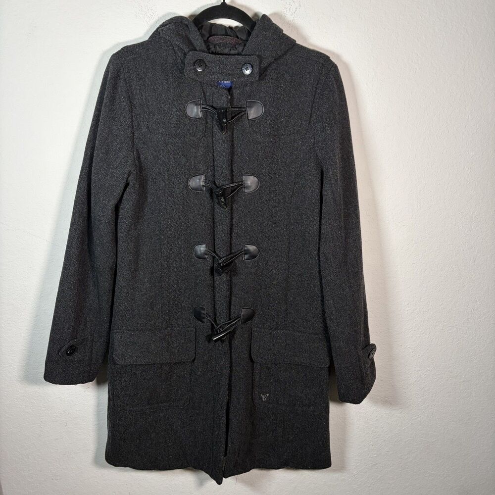 American Eagle Gray Hooded Wool-Blend Parka Size Medium Toggle Duffle Coat